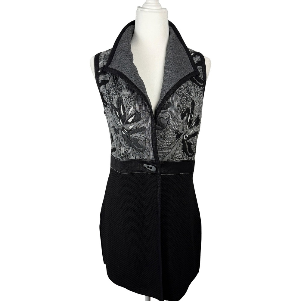 Dolcezza Long Vest Womens XS Black Gray Floral Textured Mixed Media